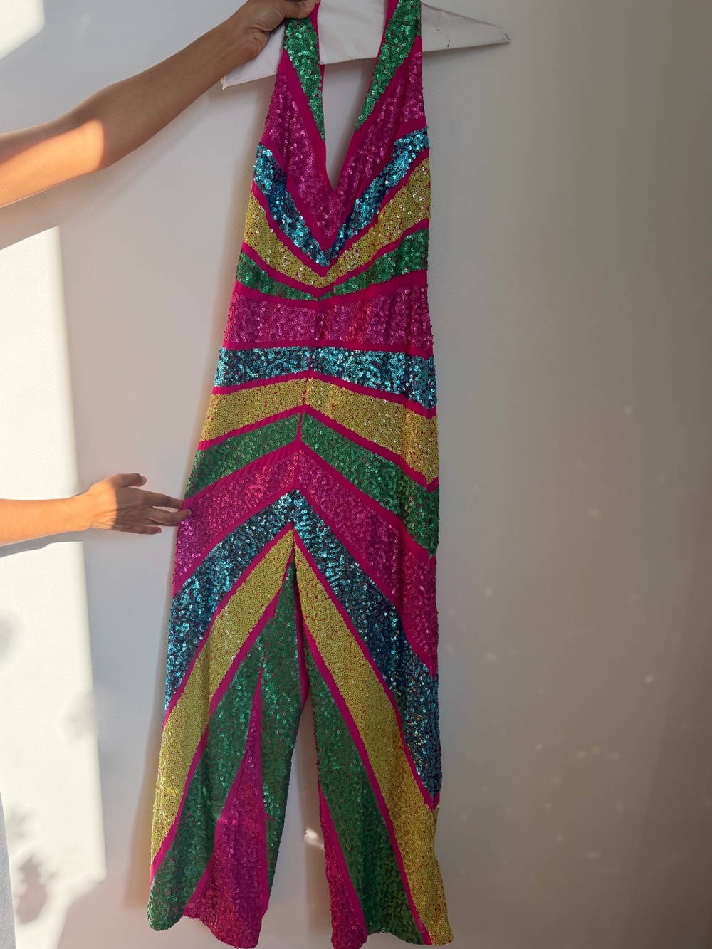 FUN Sparkly Sequin Halter Jumpsuit in Fuchsia, Teal & Lime - Picture 6 of 11